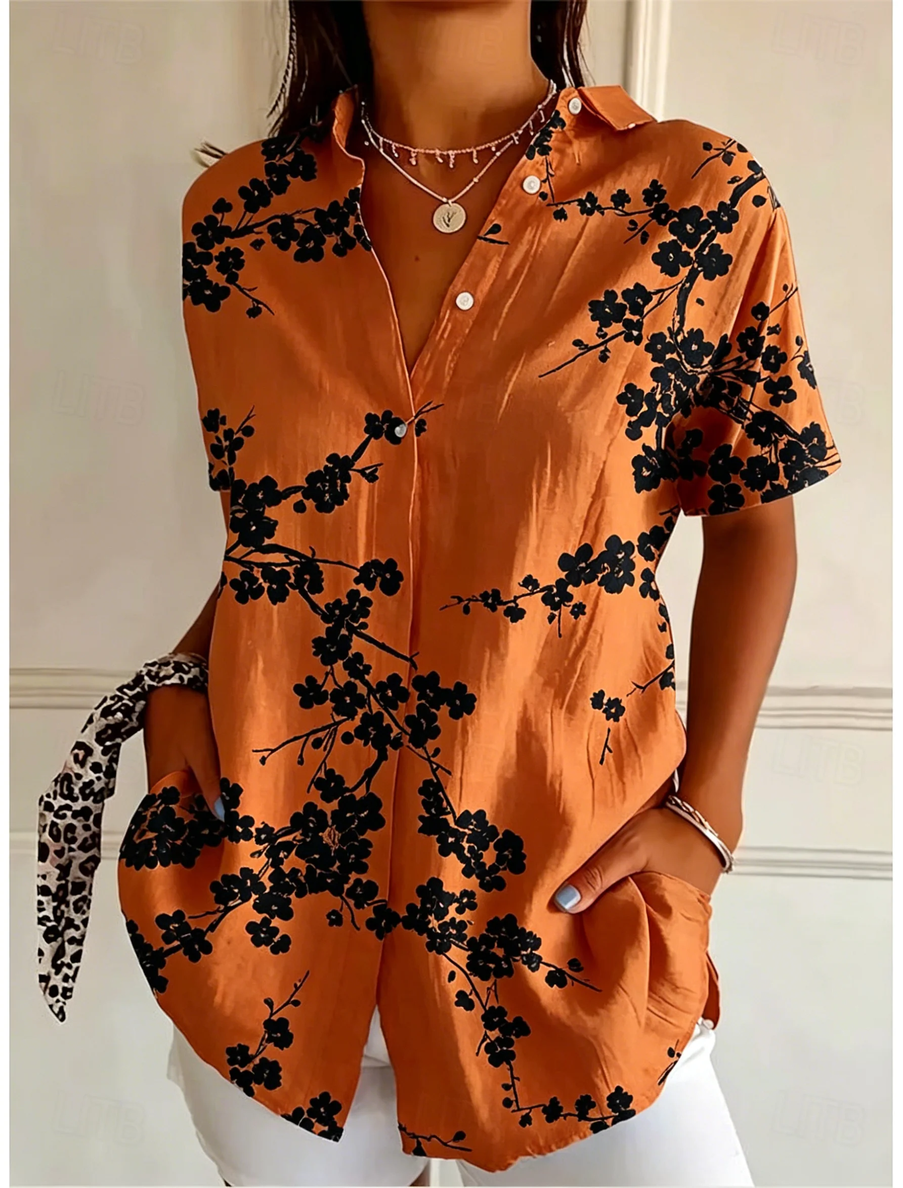 Romper Floral Print - Kadın Kısa Kollu Çiçek Desenli Düğmeli